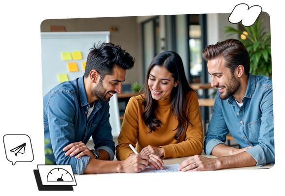 Three people collaborate at a table, smiling and discussing a document. A whiteboard with sticky notes is in the background.