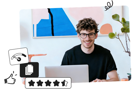 Smiling person with glasses at a laptop, abstract art on wall, with 4.5-star rating and decorative icons in foreground.