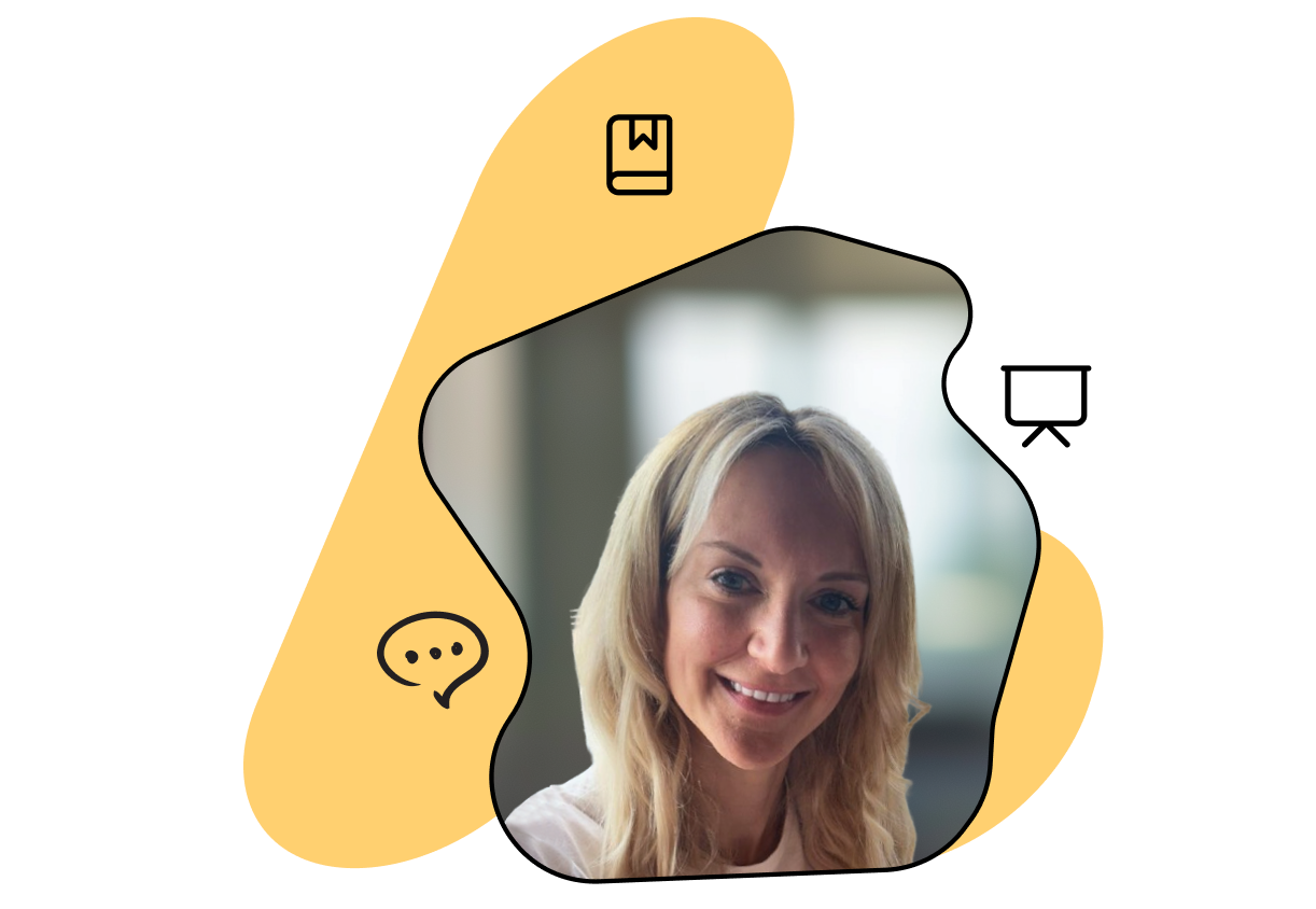 Smiling woman with long blonde hair, framed by abstract yellow shapes with icons of a bookmark and speech bubble.