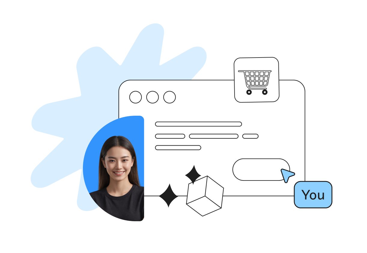 Illustration of a person next to a webpage interface with a shopping cart icon, chat bubble, and geometric shapes.