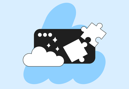 Stylized browser window with sparkles, white cloud and two puzzle pieces against a blue abstract blob background.