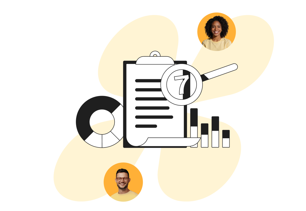 Illustration of a clipboard with a magnifying glass showing the number 7, surrounded by graphs, charts, and two circular portraits.