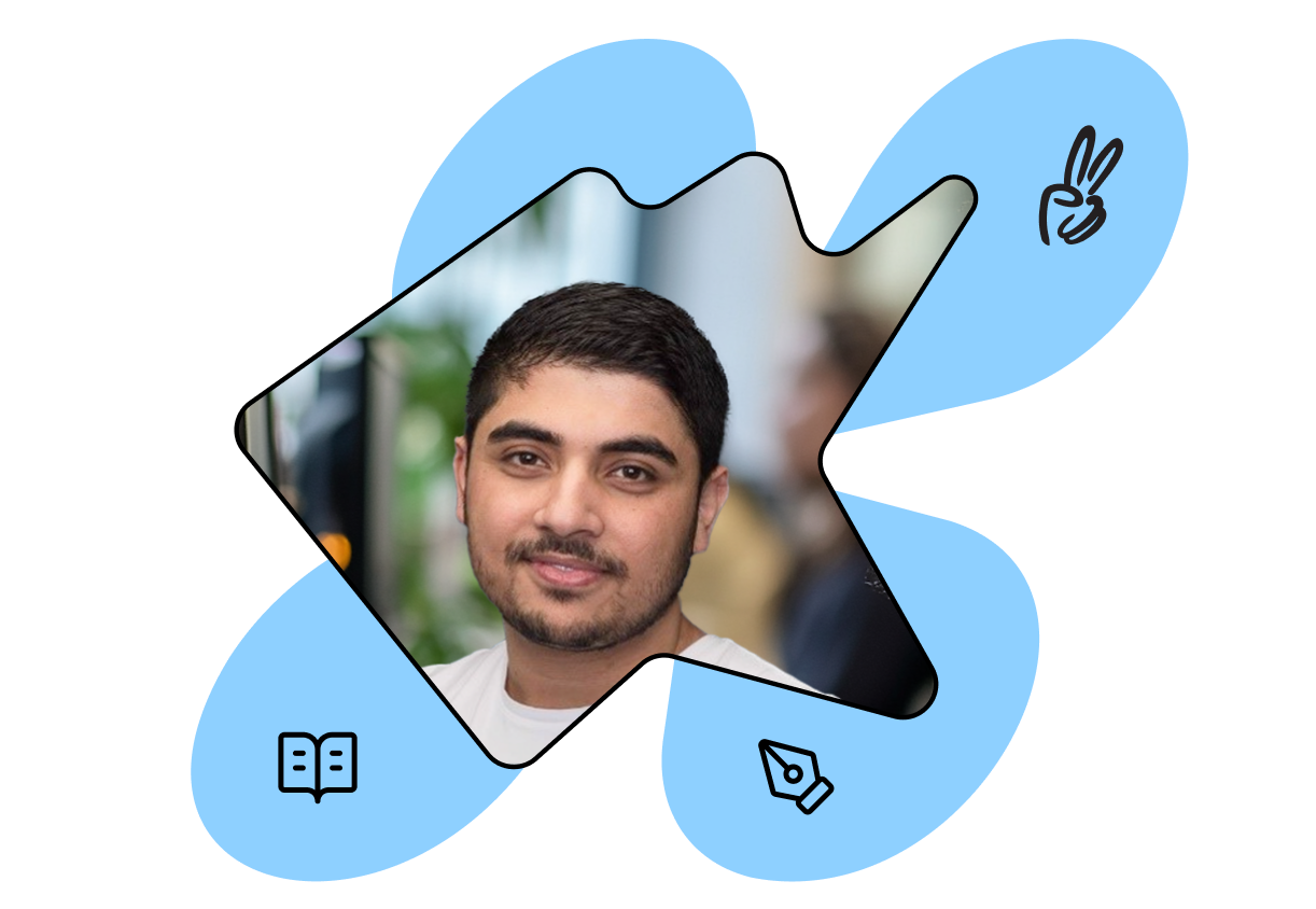 A man with short dark hair, wearing a white shirt, is framed by a blue abstract shape with icons of a book, pen, and peace sign.