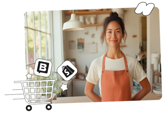 Smiling woman in an apron stands in a cozy kitchen. Illustration of a shopping cart with icons overlays the image.