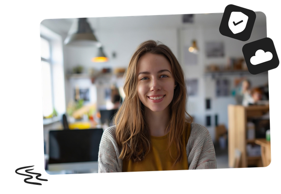 Smiling woman with long hair in a cozy office setting, desktop and decor behind her, icons of a check mark and cloud in the top right corner.