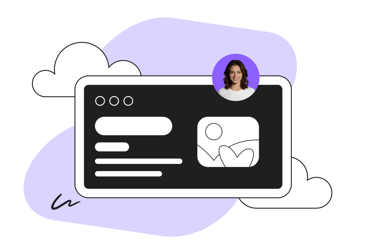 Illustration of a web interface with a profile picture of a woman, against a backdrop of clouds and a purple shape.