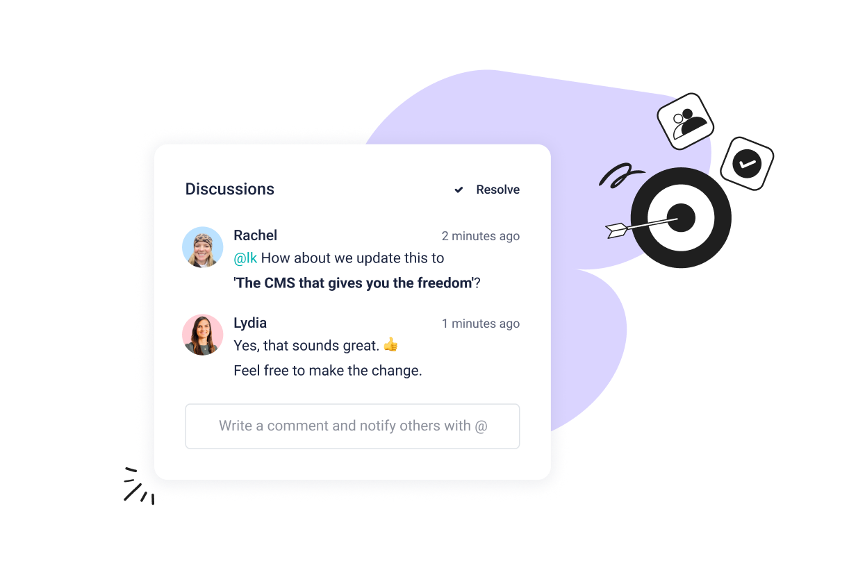 A digital discussion interface with messages from Rachel and Lydia, a comment input box, and icons of a target with an arrow and profile photos.