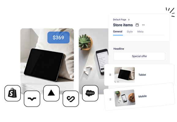 Tablet priced at $369 displayed on a pillow, with a smartphone and earbuds next to a plant. Store items menu on the right.