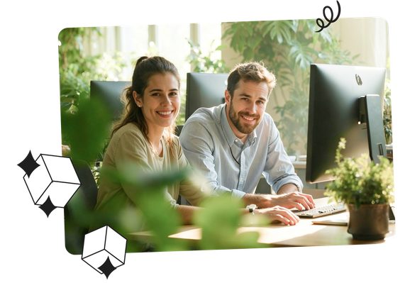 Two people smiling at a desk, working on a computer, surrounded by greenery and digital decorative elements.
