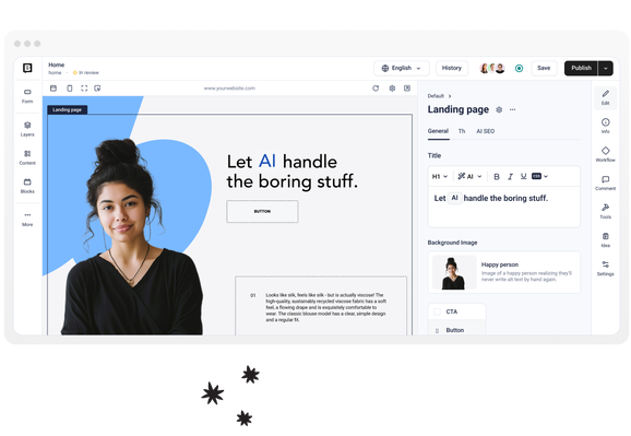 Website editor interface showing a landing page with the headline "Let AI handle the boring stuff" next to an image of a smiling woman.