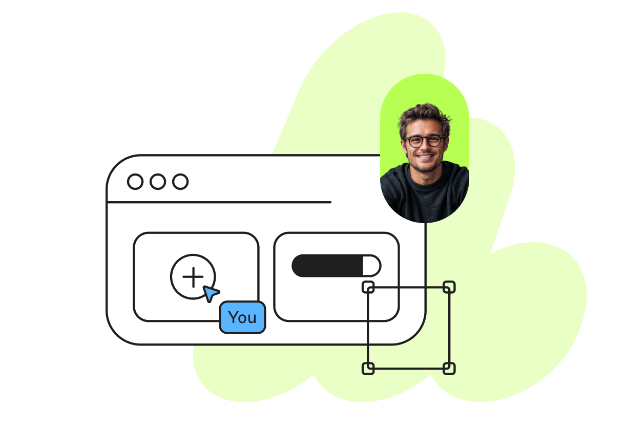 Illustration of a web UI mockup with a plus button and "You" label, selection handles, and a smiling man's photo on a green background.