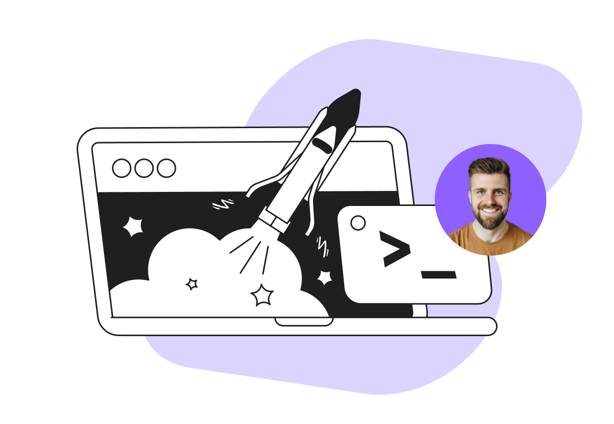 Illustration of a rocket launching from a laptop screen with code symbol and smiling person's avatar on a purple background.
