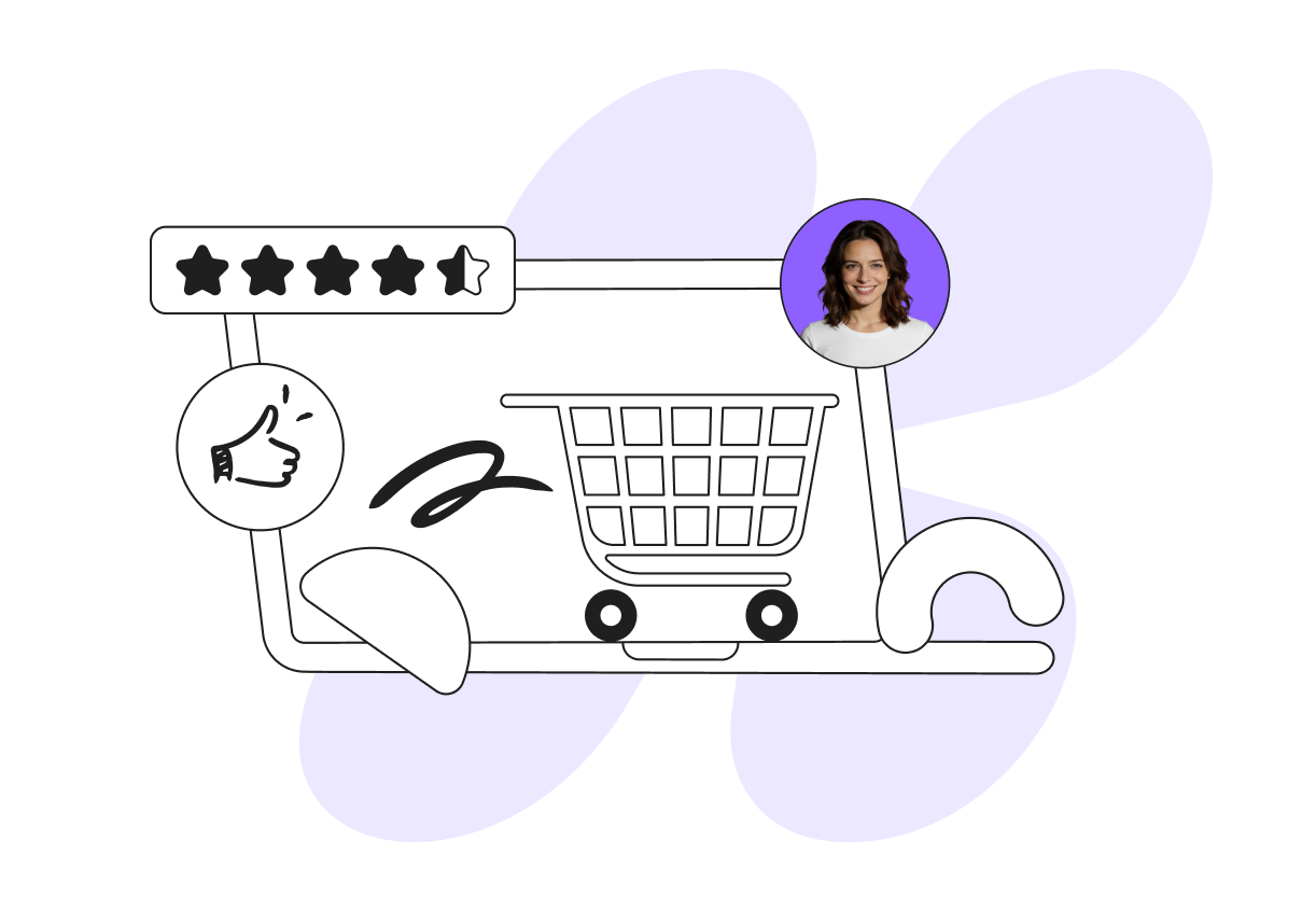 Illustration of an online shopping cart on a laptop screen with a user profile, star ratings, and a thumbs-up icon.