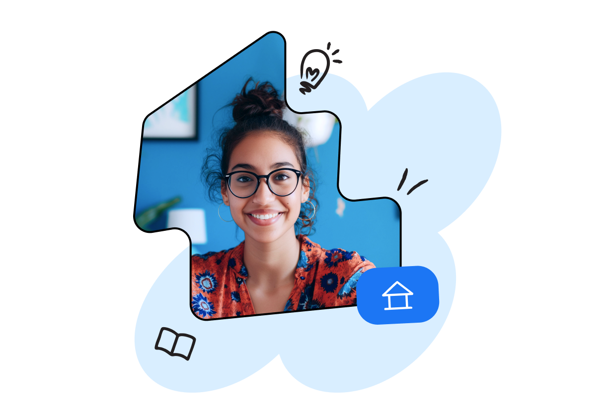 Smiling woman with glasses in a colorful top, framed by abstract blue shapes, with icons of a lightbulb, book, and house.