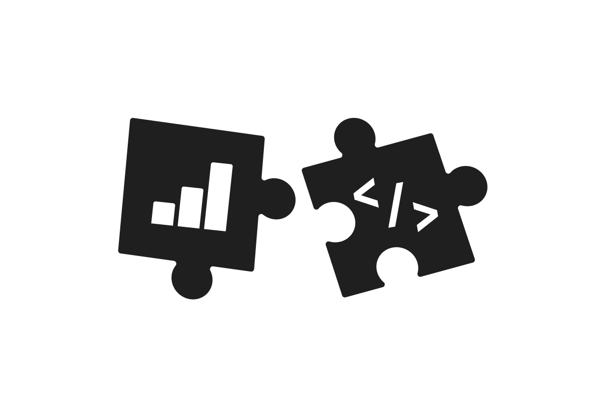 Two puzzle pieces: one with a bar chart icon and the other with HTML code brackets, symbolizing data and coding integration.