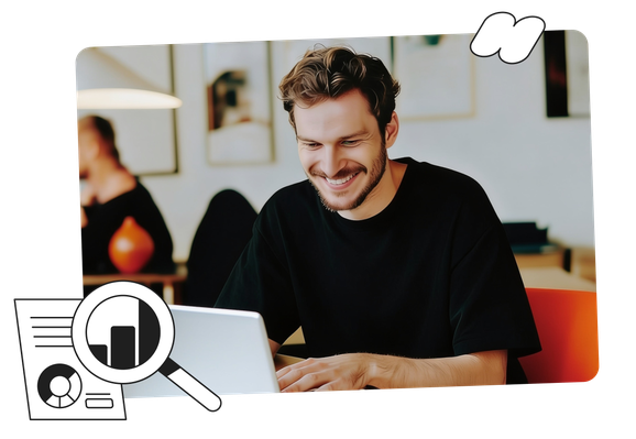 Man smiling while working on a laptop in a cozy office setting, with a graphic of a magnifying glass and charts in the foreground.