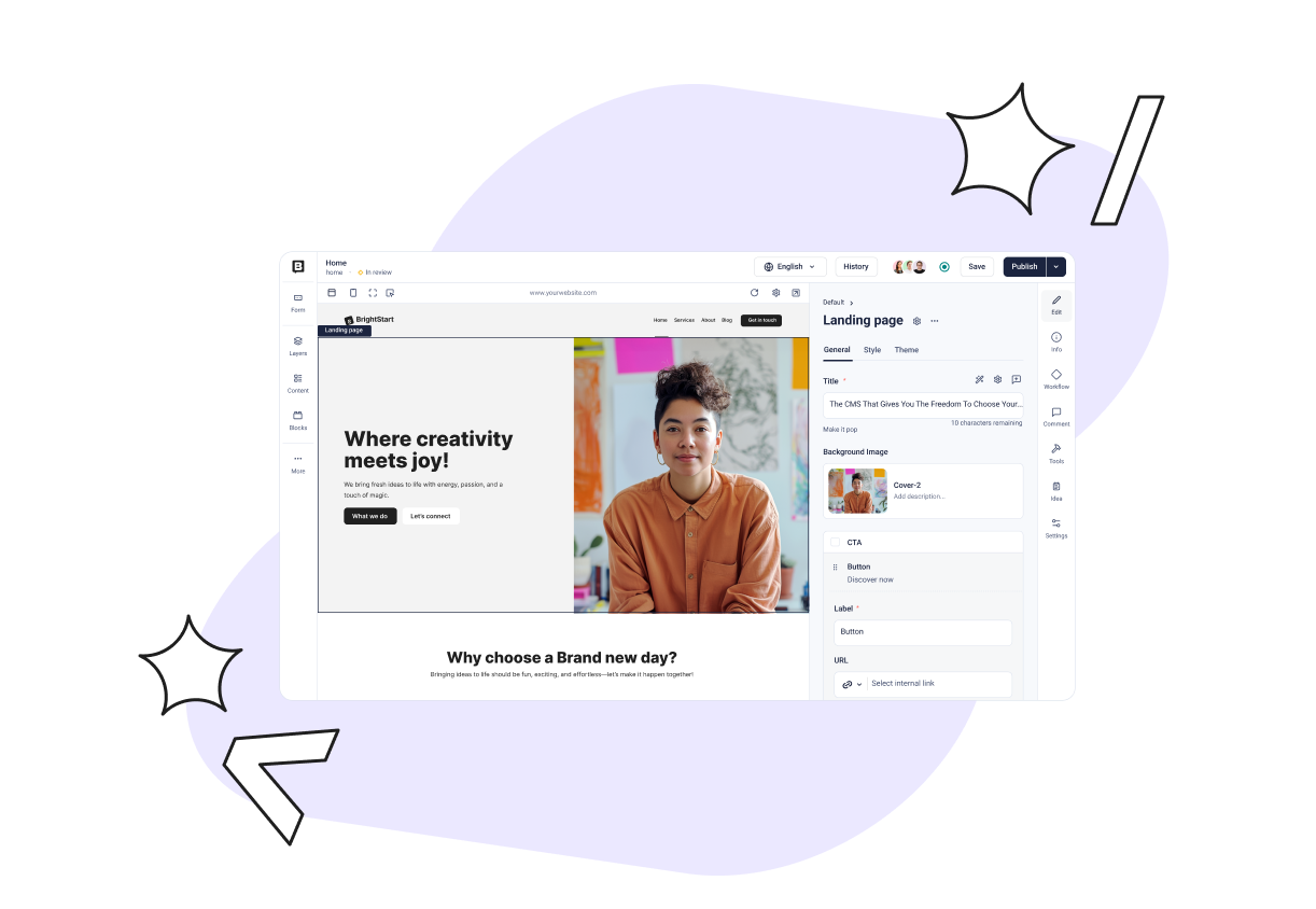 A webpage interface displaying a landing page design with the text "Where creativity meets joy!" and a smiling person in the background.