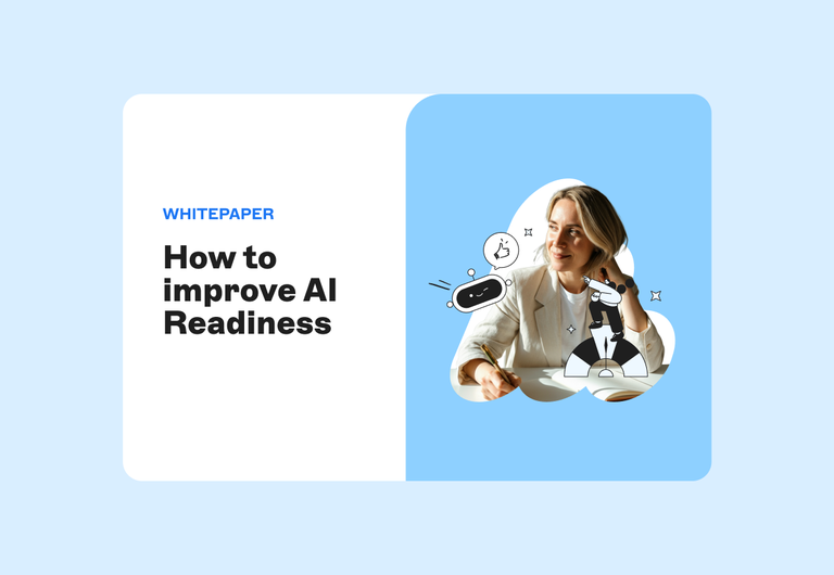 Whitepaper cover titled "How to Improve AI Readiness," featuring a person with AI icons on a blue background.