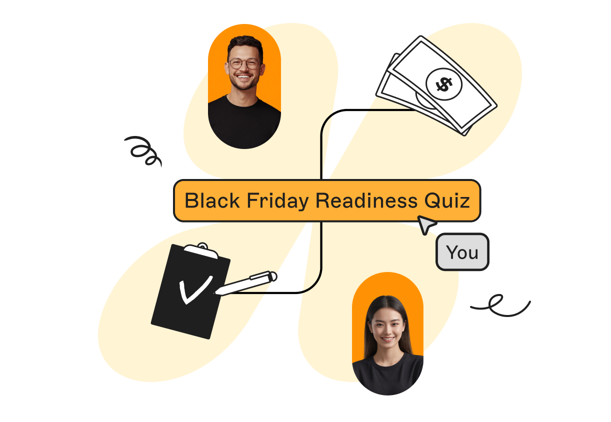 Illustration of two people and icons of money and a clipboard around "Black Friday Readiness Quiz" text on a beige background.
