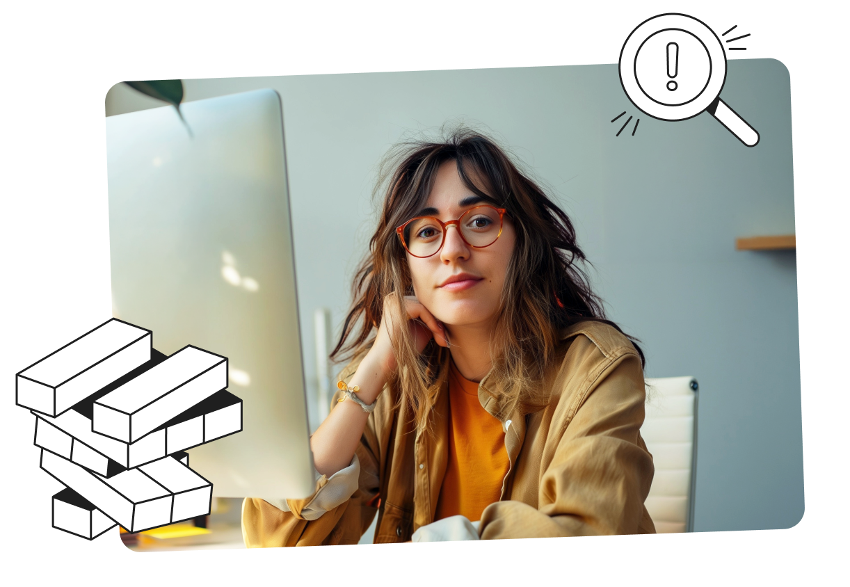 Woman wearing glasses sitting at a desk with a computer, surrounded by graphic overlays of bricks and a magnifying glass.