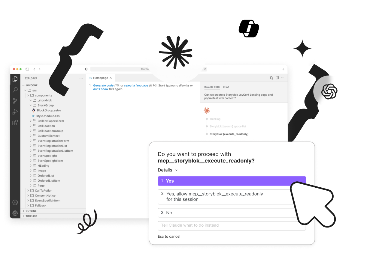 A code editor showing a project structure and a pop-up asking to proceed with a read-only execution, with icons and decorative elements.