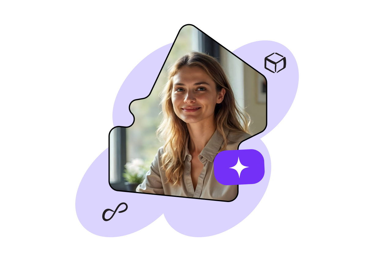 Smiling woman with long hair sits by a window, surrounded by abstract purple shapes and icons, including a cube and sparkle.