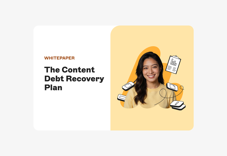 Image of a smiling woman with dark hair on a yellow background, surrounded by clip-art symbols of documents and tablets. Text reads, "The Content Debt Recovery Plan."