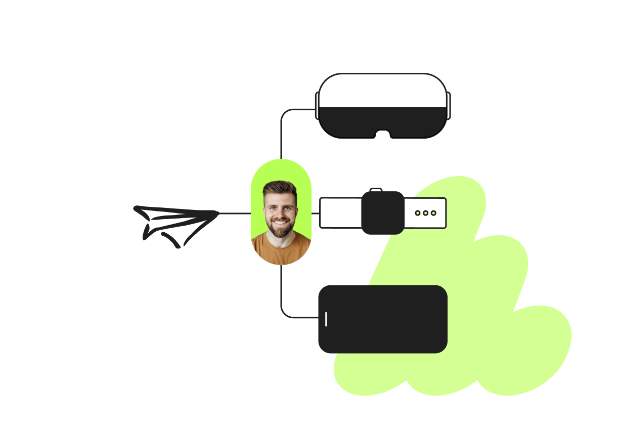 Illustration showing a smiling man connected to a VR headset, smartwatch, and smartphone, with a paper airplane icon nearby on a light green background.