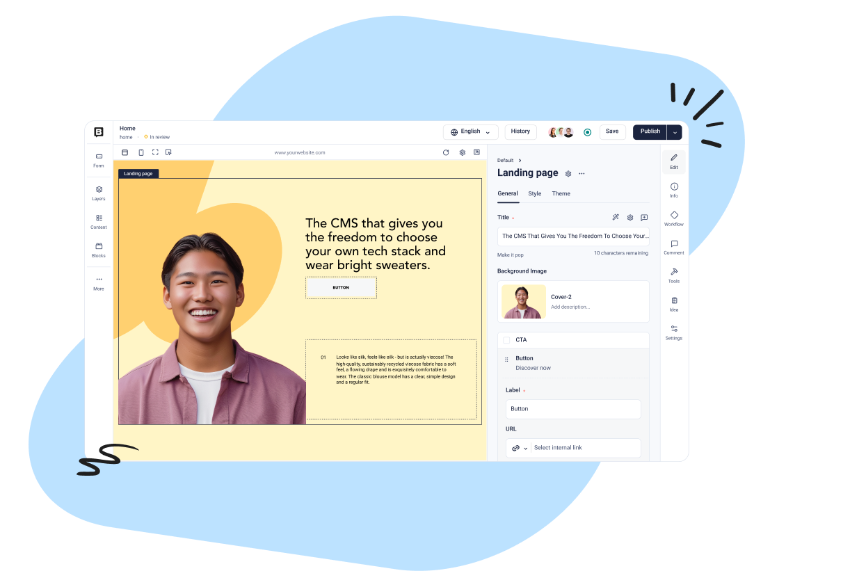 Website editor interface showing a landing page with a smiling person, text about CMS freedom, and customization options on the right.