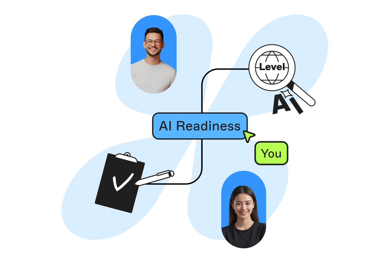 Flowchart illustrating "AI Readiness" with images of a man and woman, a clipboard with a checkmark, and a magnifying glass over "AI" and "Level."
