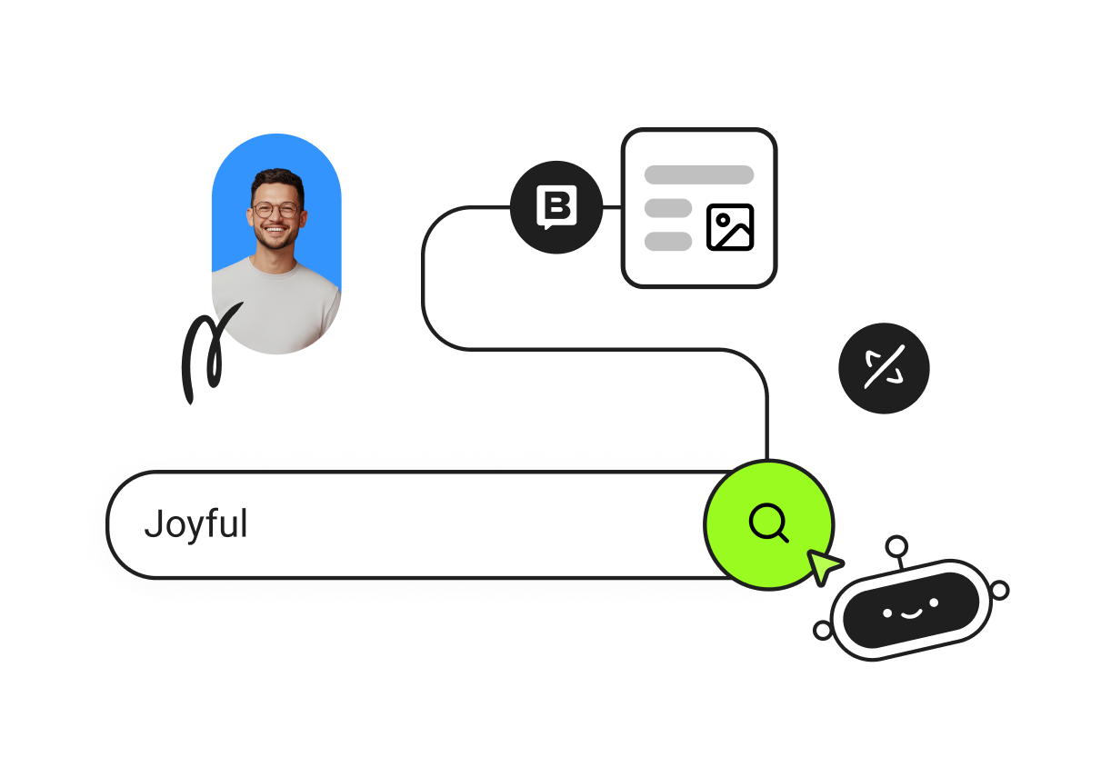 A search bar with the word "Joyful" and icons connected, featuring a smiling person and various related symbols.
