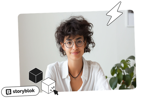 Person with curly hair and glasses smiling at the camera, wearing a white shirt. Storyblok logo and design elements are overlayed.