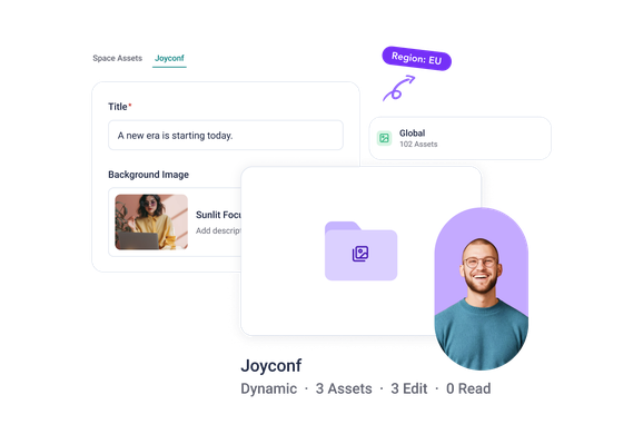 User interface showing space assets titled "Joyconf," a button for the EU region, and a smiling person in a design element.