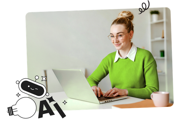 Smiling woman in a green sweater and glasses types on a laptop at a desk, with illustrated AI graphics in the foreground.