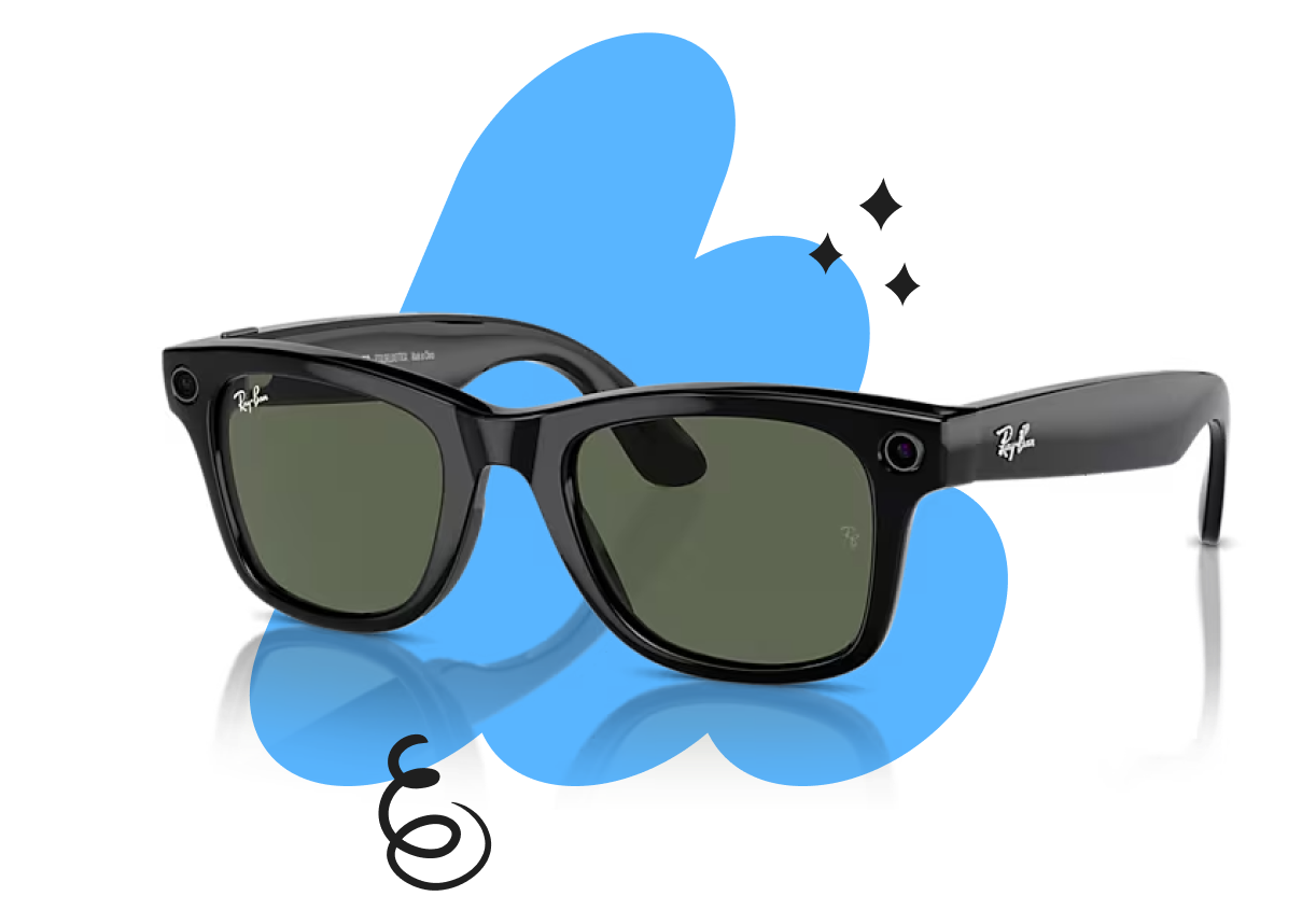 Winning prize image of black sunglasses with dark lenses, featuring a sleek design and subtle branding, set against an abstract orange background.
