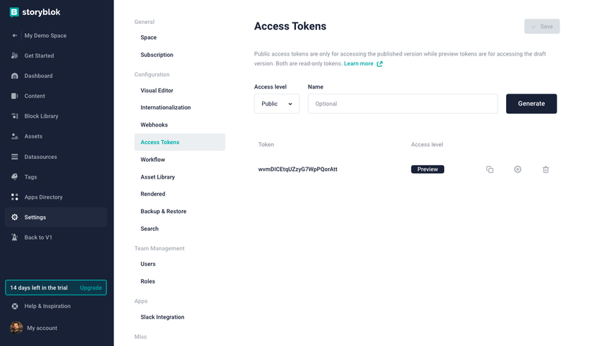 Screenshot of the Access Tokens tab in the Settings Menu
