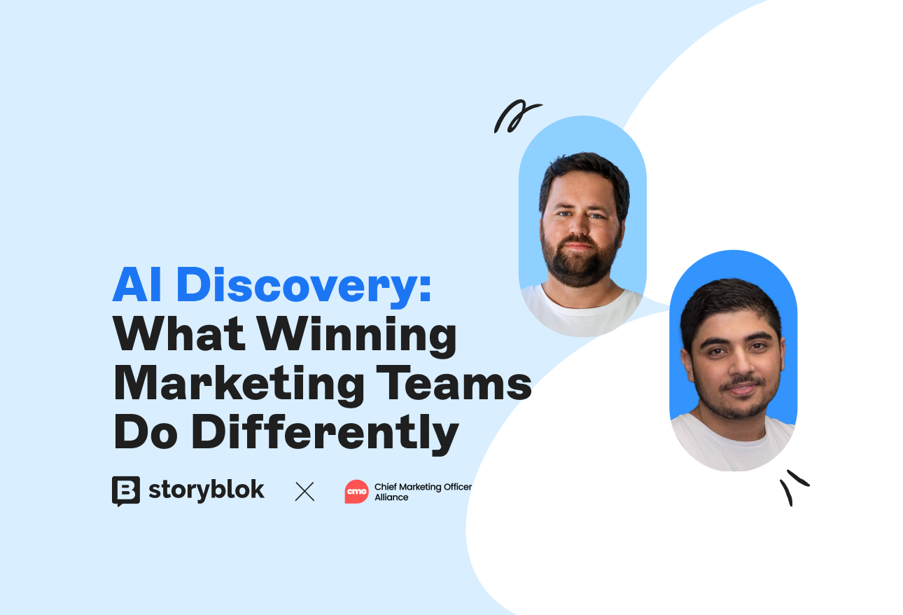 Promotional image for "AI Discovery: What Winning Marketing Teams Do Differently" with two men's photos, Storyblok and CMO Alliance logos.