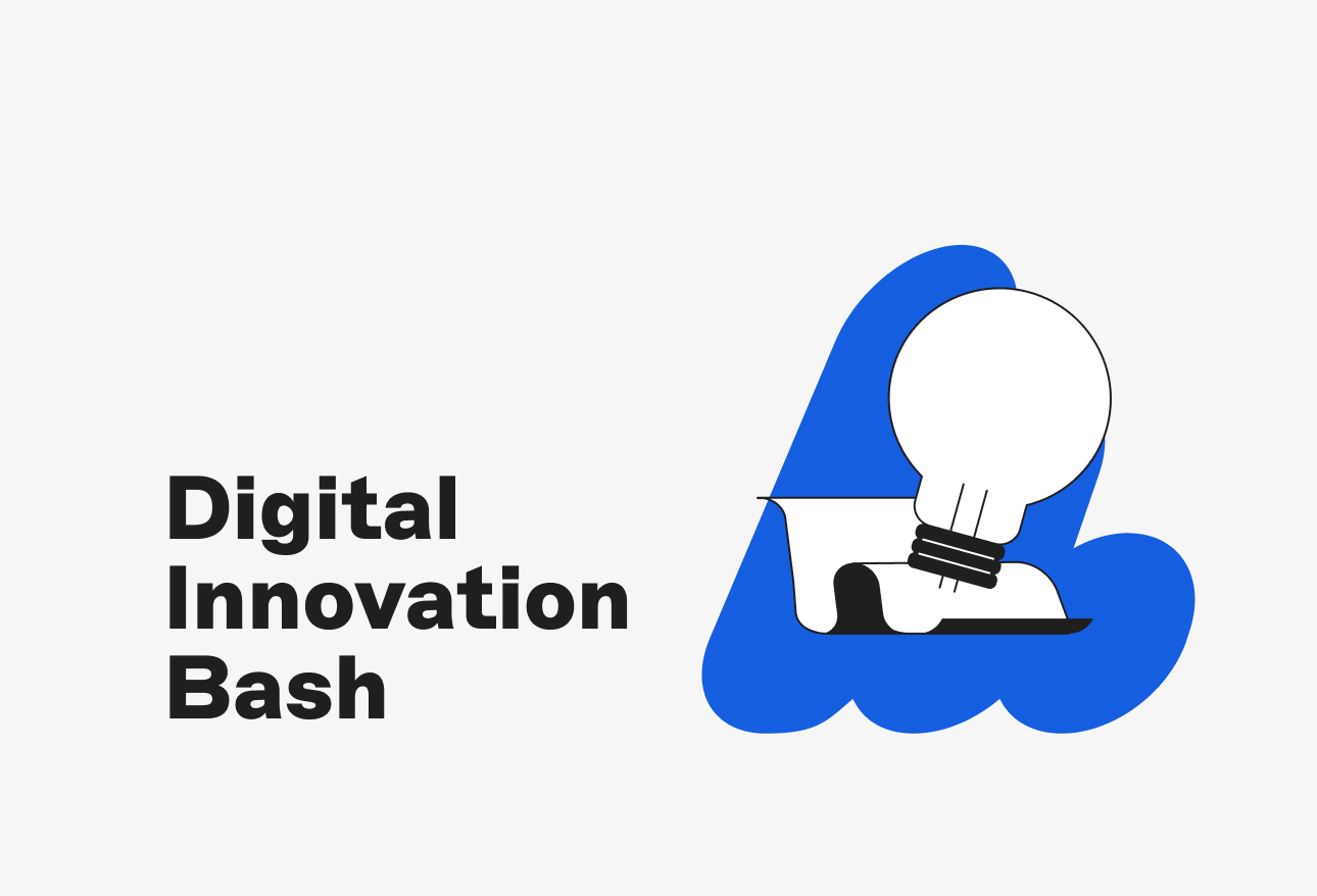 Text "Digital Innovation Bash" next to a stylized light bulb illustration on a blue abstract shape.
