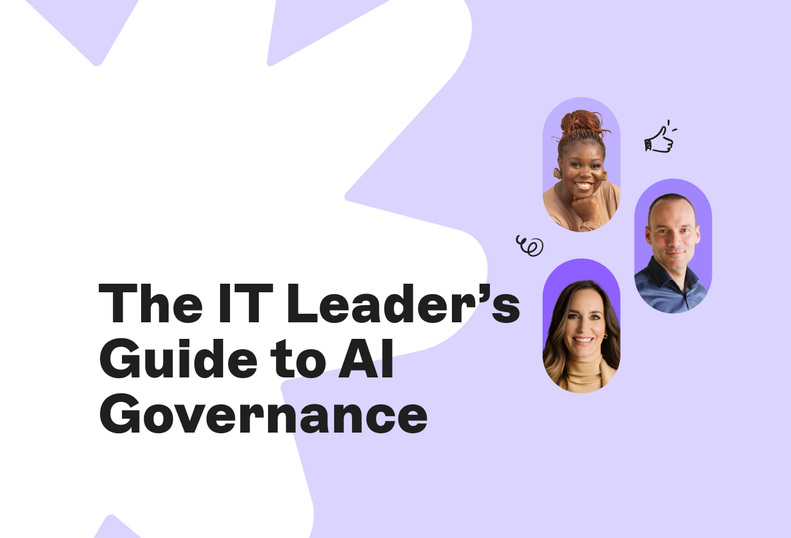 Cover design for "The IT Leader’s Guide to AI Governance" featuring headshots of three people on a purple background with abstract shapes.