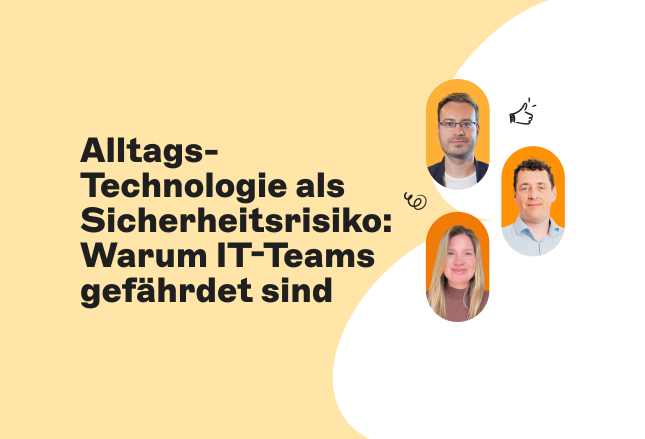 German text about technology risks with photos of three people and icons on a yellow and white background.