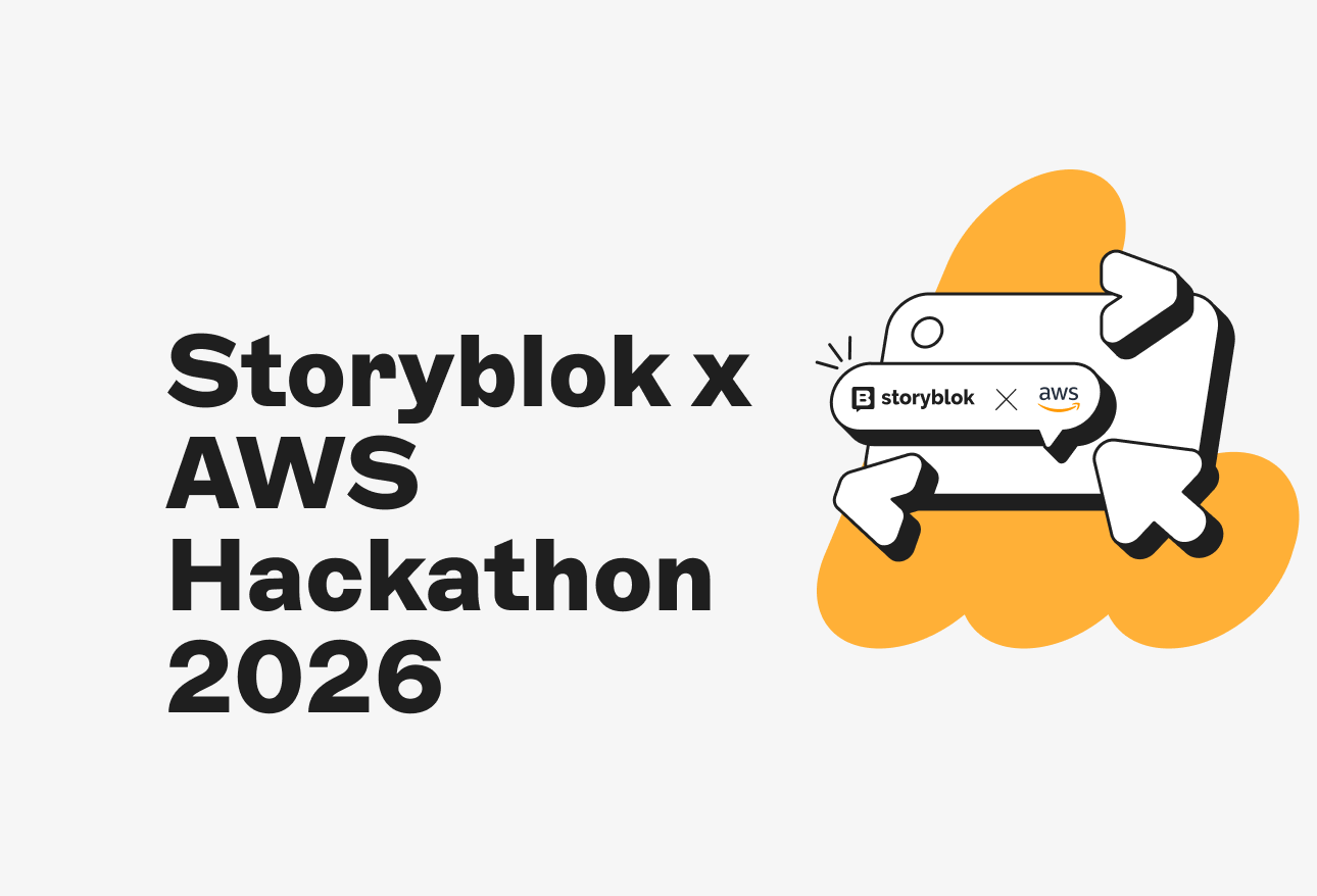 Storyblok x AWS Hackathon 2026 logo with cartoon computer illustration, yellow abstract shapes, and directional arrows.