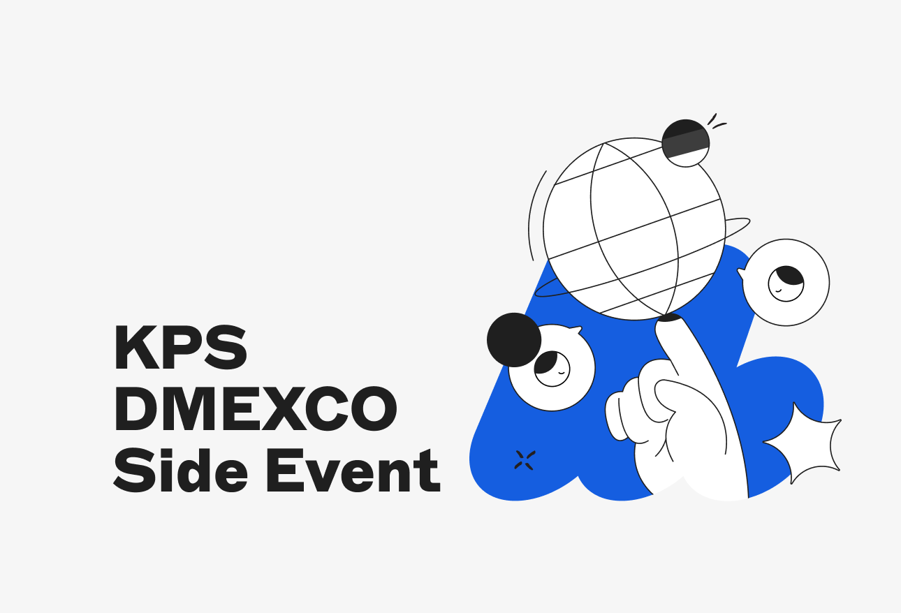 Abstract illustration with "KPS DMEXCO Side Event" text, featuring a hand pointing at a globe with playful blue and black design elements.