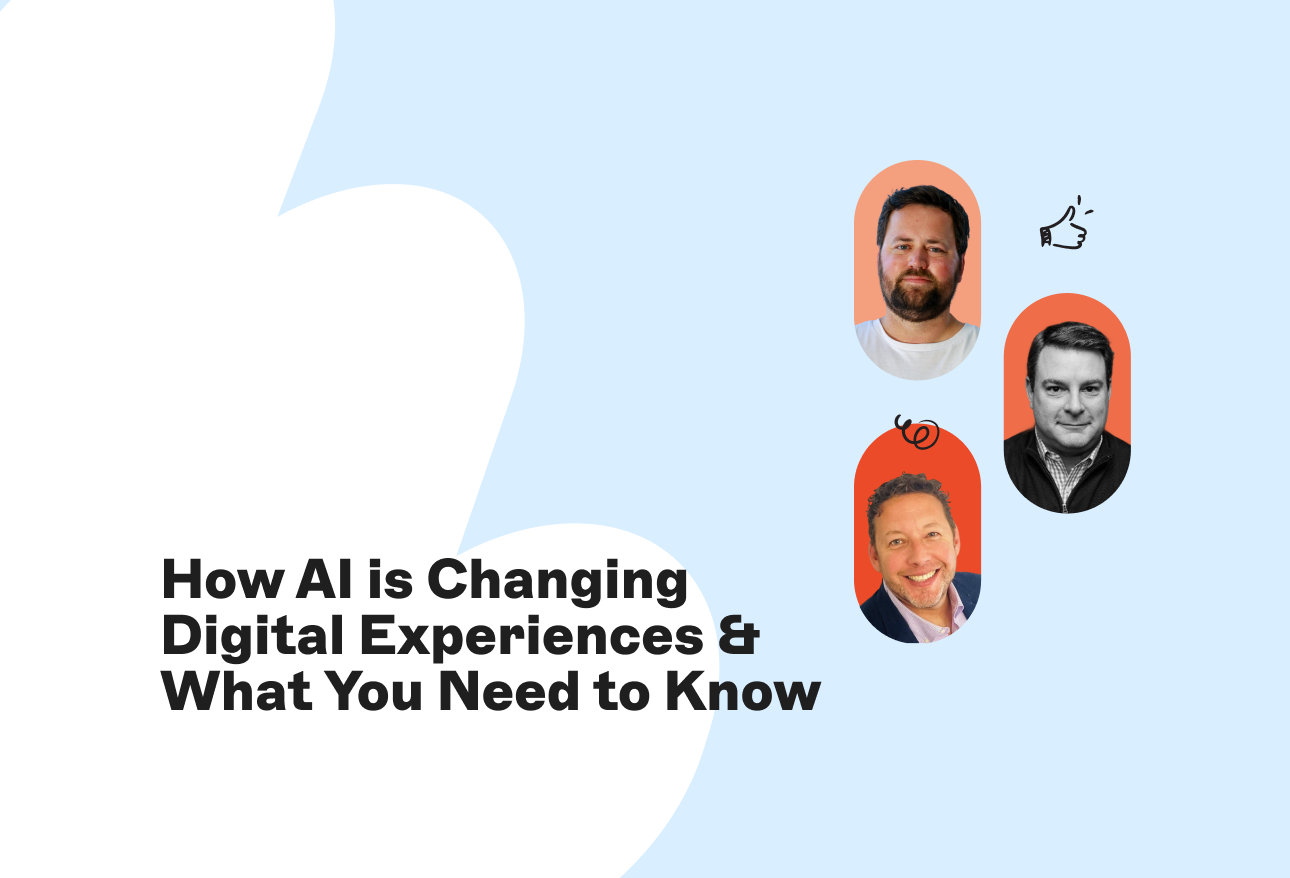Abstract design with three men's photos and text: "How AI is Changing Digital Experiences & What You Need to Know."