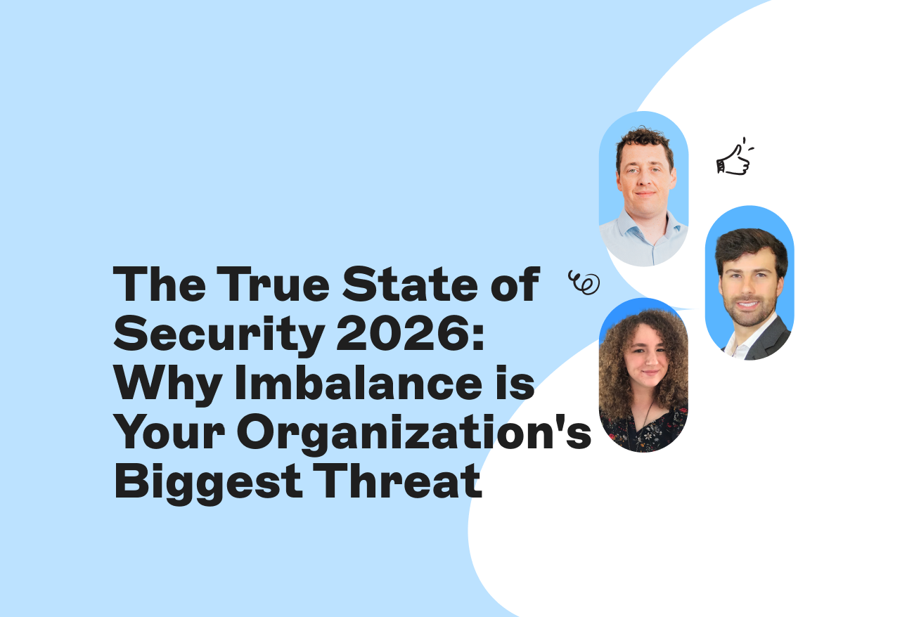 Text: "The True State of Security 2026: Why Imbalance is Your Organization's Biggest Threat." Images of three people with icons.