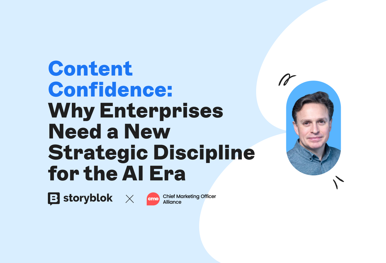 Promotional image with text about strategic discipline in the AI era, featuring Storyblok and CMO Alliance logos, and a portrait of a man.