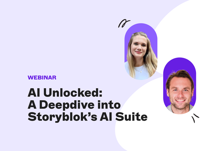 Webinar banner titled "AI Unlocked: A Deepdive into Storyblok’s AI Suite" with two people’s photos on a purple and white background.