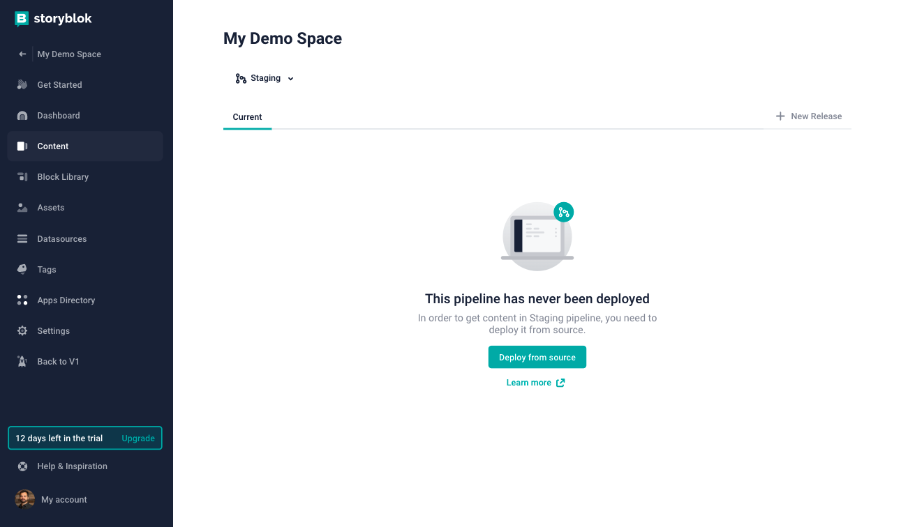 A screenshot of how to deploy content between stages of a pipeline