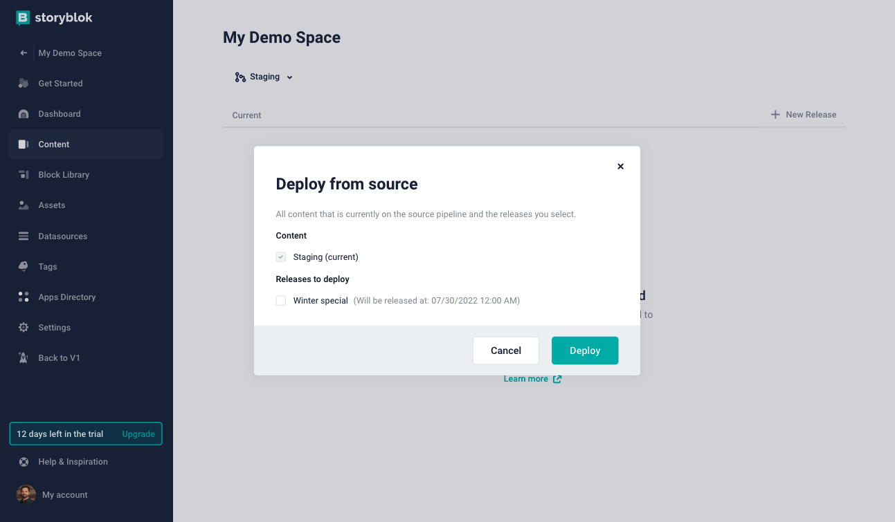 A screenshot of how to pick a release when deploying to a pipeline stage