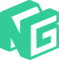 Green geometric logo with interlocking shapes resembling the letters "N" and "G" on a transparent background.