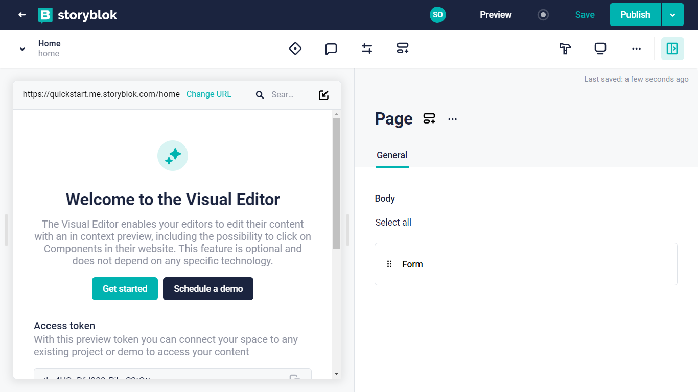 page component in visual editor